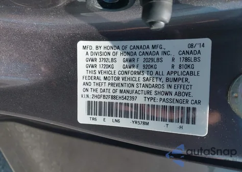 2014 Honda Civic Ex из США, поврежденный, VIN 2HGFB2F88EH542397